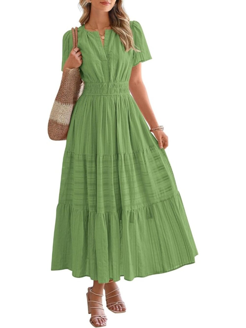 Women's Green Sleeve V Neck Elastic Waist Boho Beach Casual Midi Dresses